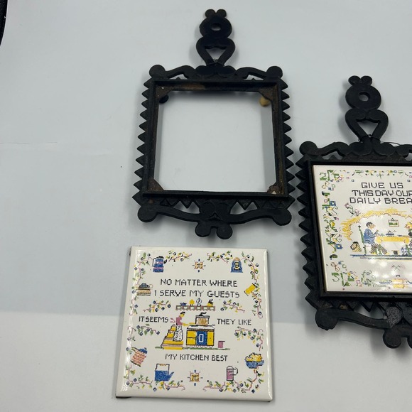 Vintage Ceramic Tile & Cast Iron Trivet MCM MidCentury Daily Bread DAMAGED - Picture 4 of 12